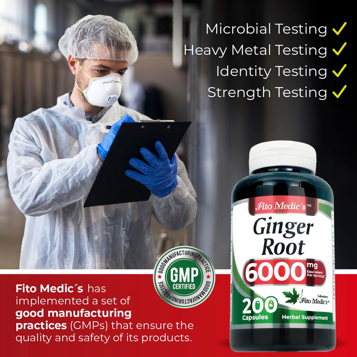 FITO MEDIC'S Capsules Racine de Gingembre 200 unités, avec des ingrédients naturels en arrière-plan