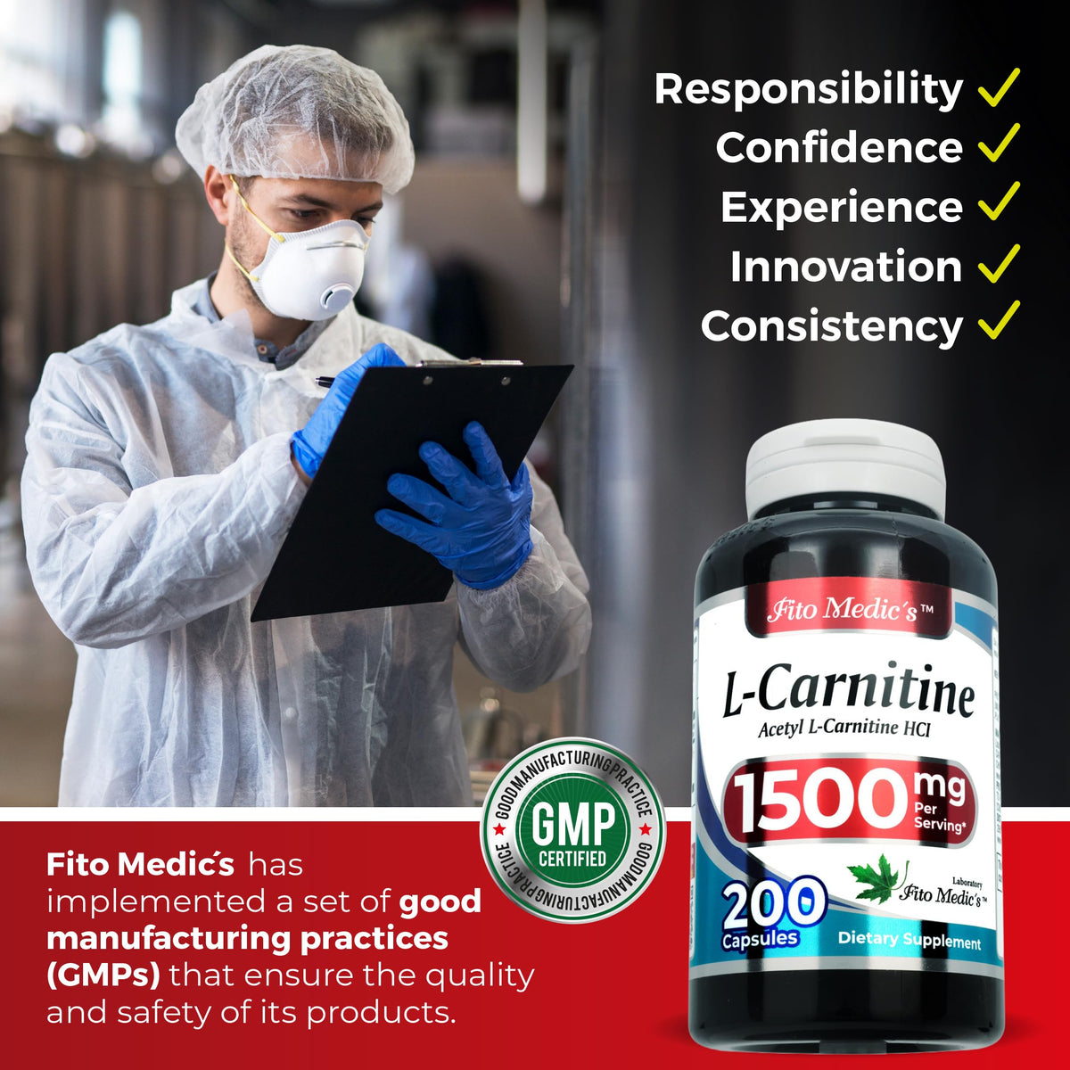 FITO MEDIC'S L-Carnitine en arrière-plan sur un plan de travail