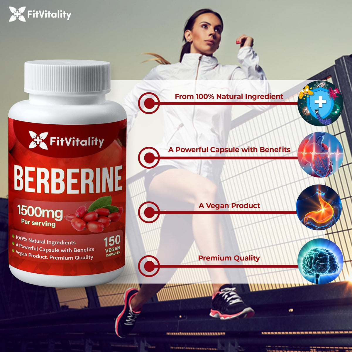 FitVitality Berbérine 1500mg capsules sur fond blanc