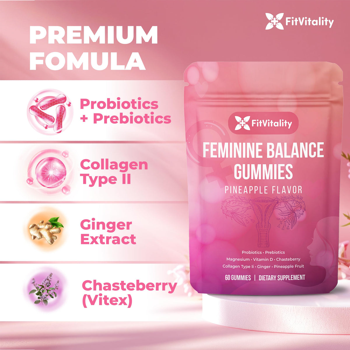 FitVitality Gummies d'Équilibre Féminin 60 unités ingrédients sur l'étiquette