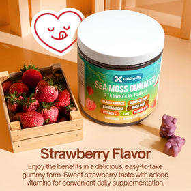 FitVitality Gummies de Mousse de Mer, présentation avec fruits