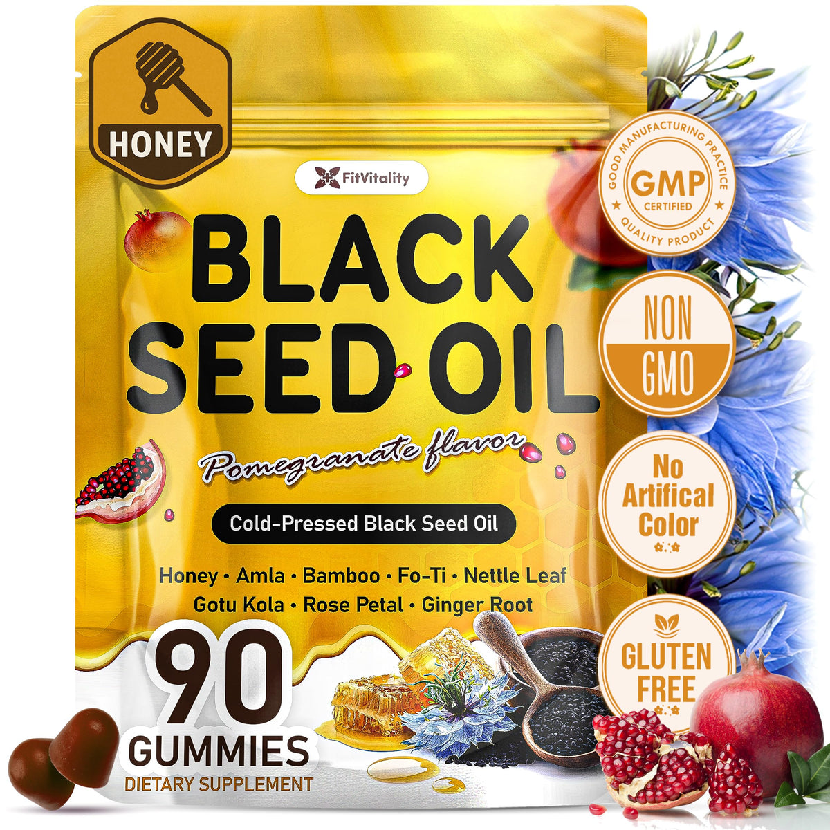 FitVitality Gummies Huile de Graines Noires 500 mg devant l'emballage