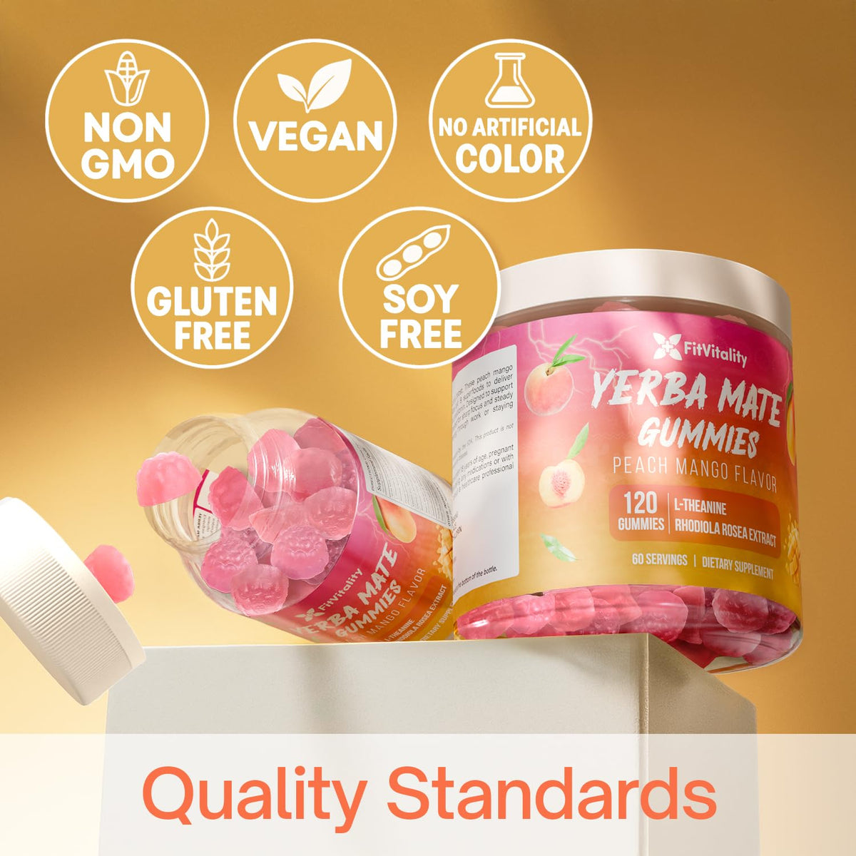 FitVitality Gummies Yerba Mate 120 unités, présentation sur une table