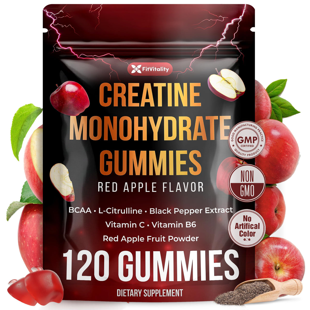 FitVitality Gummy de Créatine Monohydrate 120 Gummies Saveur Pomme Verte vue avant