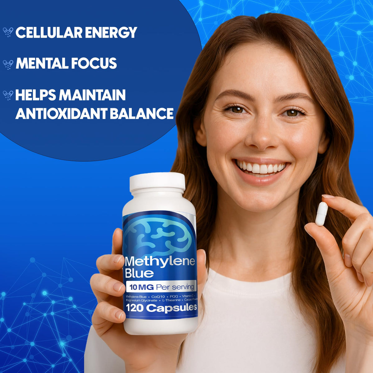 FitVitality Methylene Blue capsules sur une table