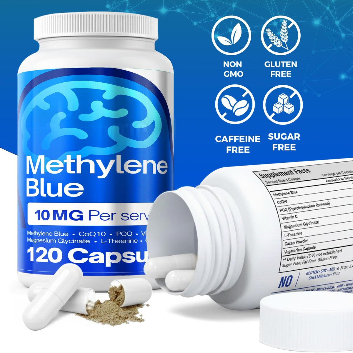 FitVitality Methylene Blue flacon avec étiquette détaillée