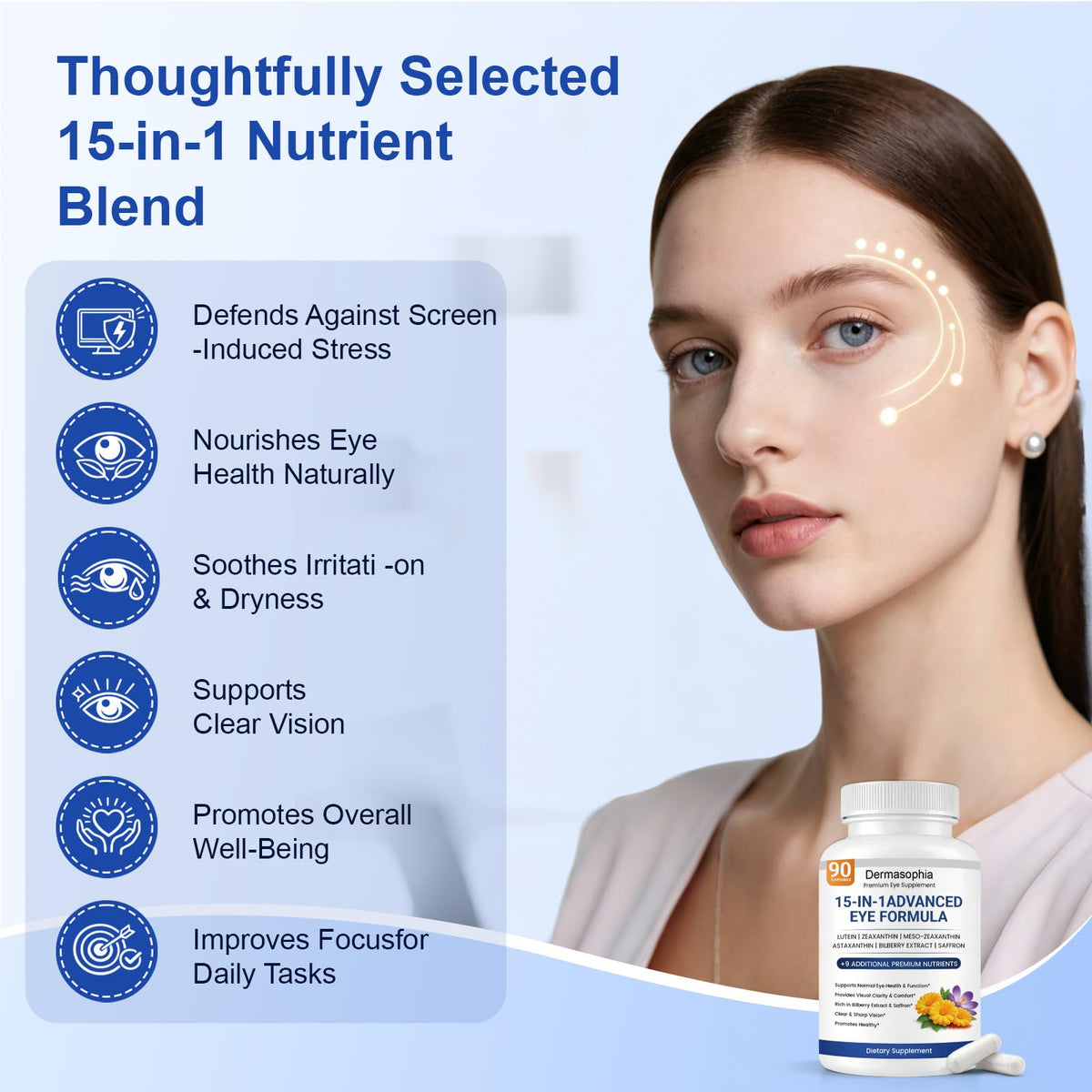Fize Mabs Eye Formula 15-en-1 capsules sur fond blanc
