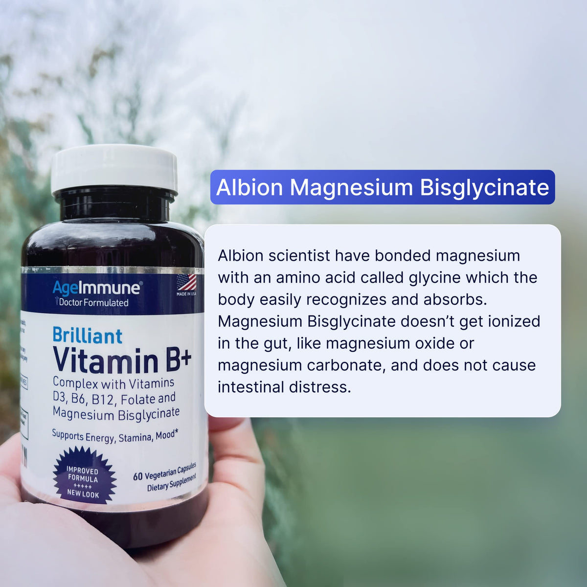 Flacon AgeImmune sur une table en bois avec lumière naturelle