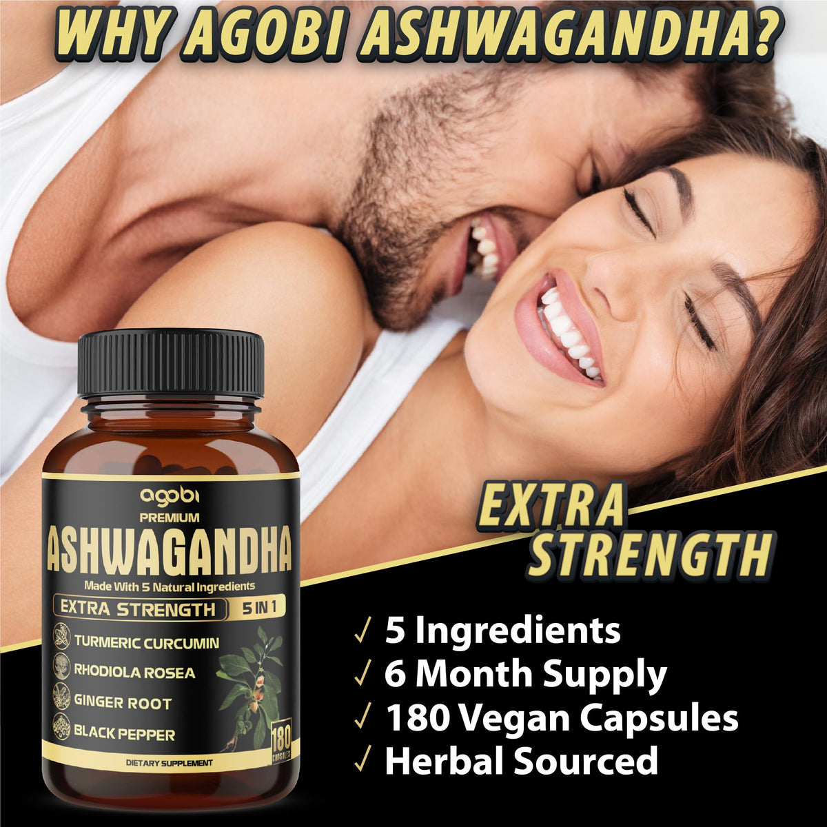 Flacon agobi Ashwagandha ouvert avec capsules visibles