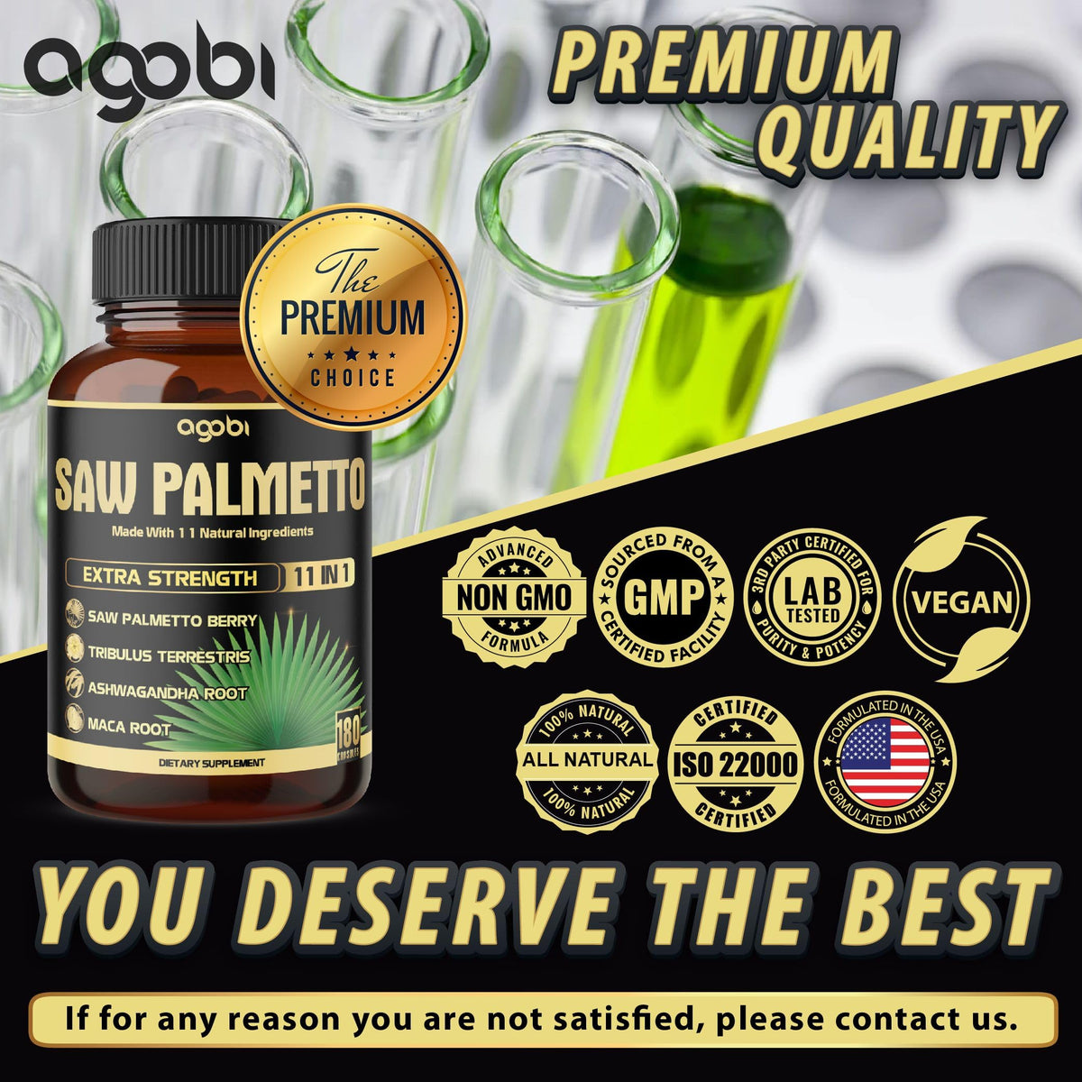 Flacon agobi Saw Palmetto 11en1 sur un fond blanc