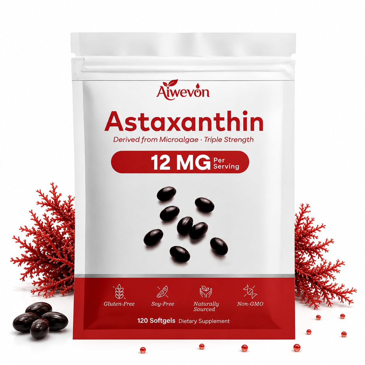 Flacon Aiwevon de gélules d'astaxanthine 12mg, vue de face