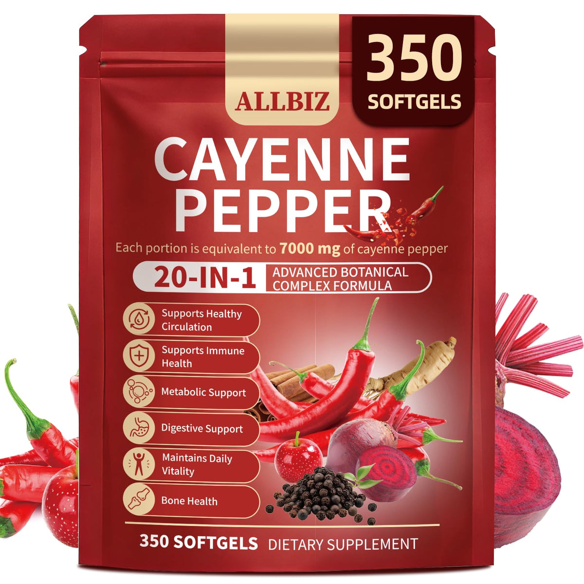 Flacon ALLBIZ 20-en-1 Piment de Cayenne 7000mg avec 350 gélules