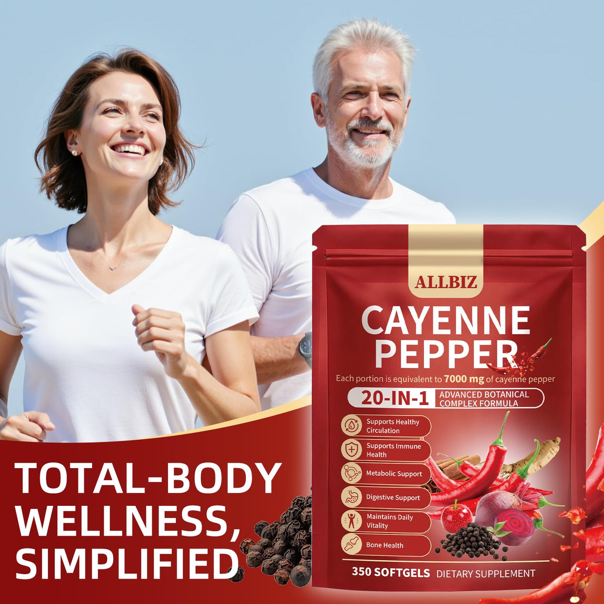 Flacon ALLBIZ 20-en-1 Piment de Cayenne sur une table en bois