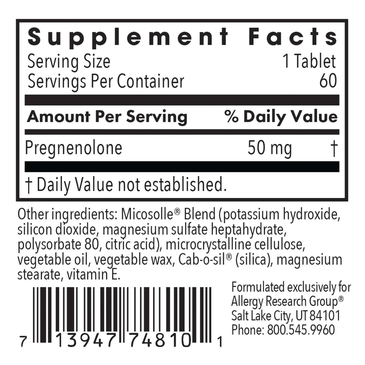 Flacon Allergy Research Group Pregnenolone 50 mg avec 60 comprimés