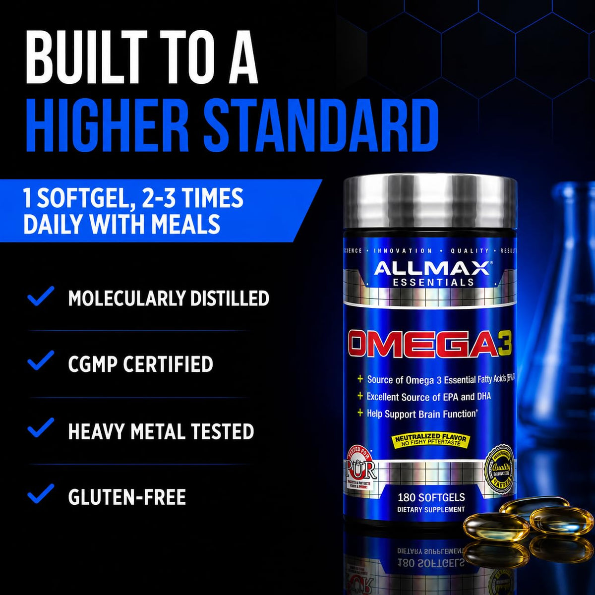 Flacon ALLMAX Omega 3 Huile de Poisson ouvert avec capsules