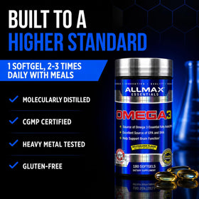 Flacon ALLMAX Omega 3 Huile de Poisson ouvert avec capsules