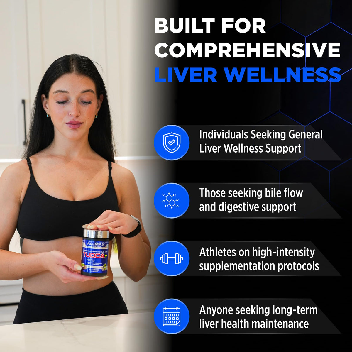 Flacon ALLMAX TUDCA ouvert avec capsules visibles