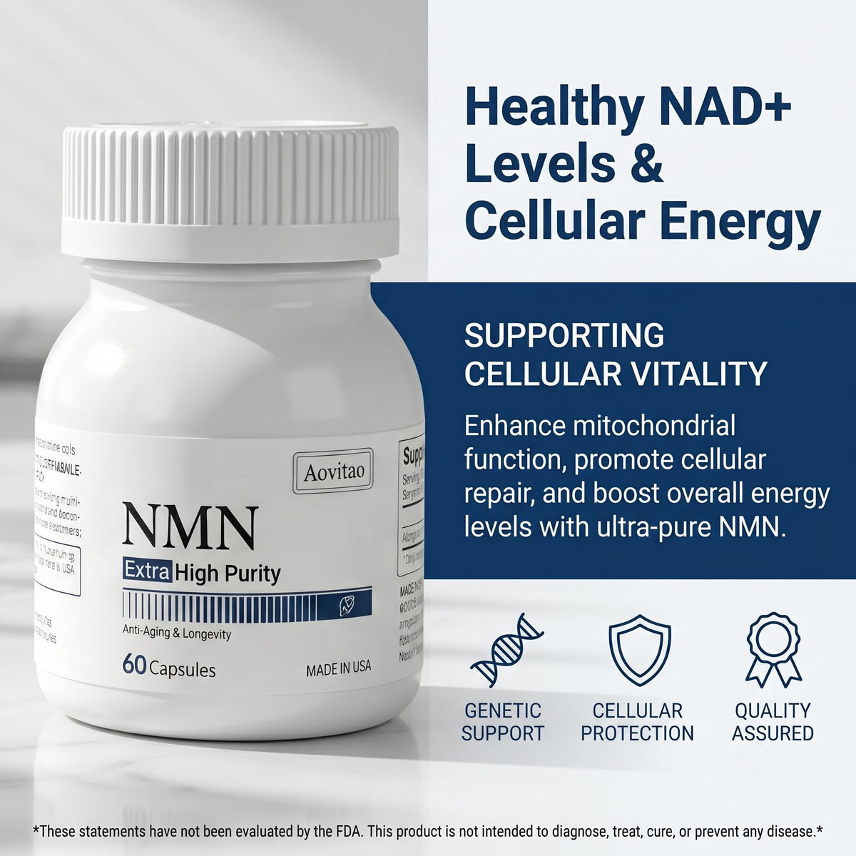 Flacon AOVITAO Complément NMN 500mg avec bouchon ouvert