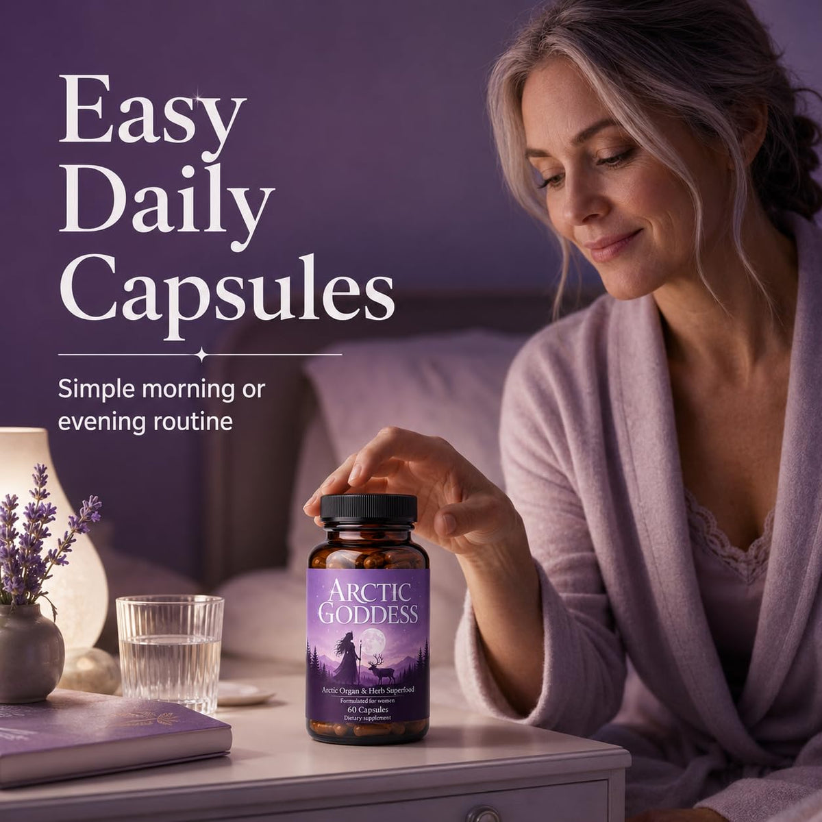 Flacon Arctic Goddess Complément Alimentaire ouvert montrant des capsules