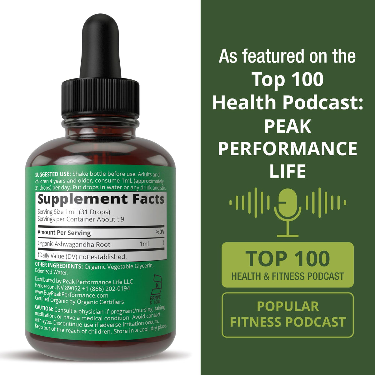Flacon Ashwagandha Peak Performance avec cuillère dosage