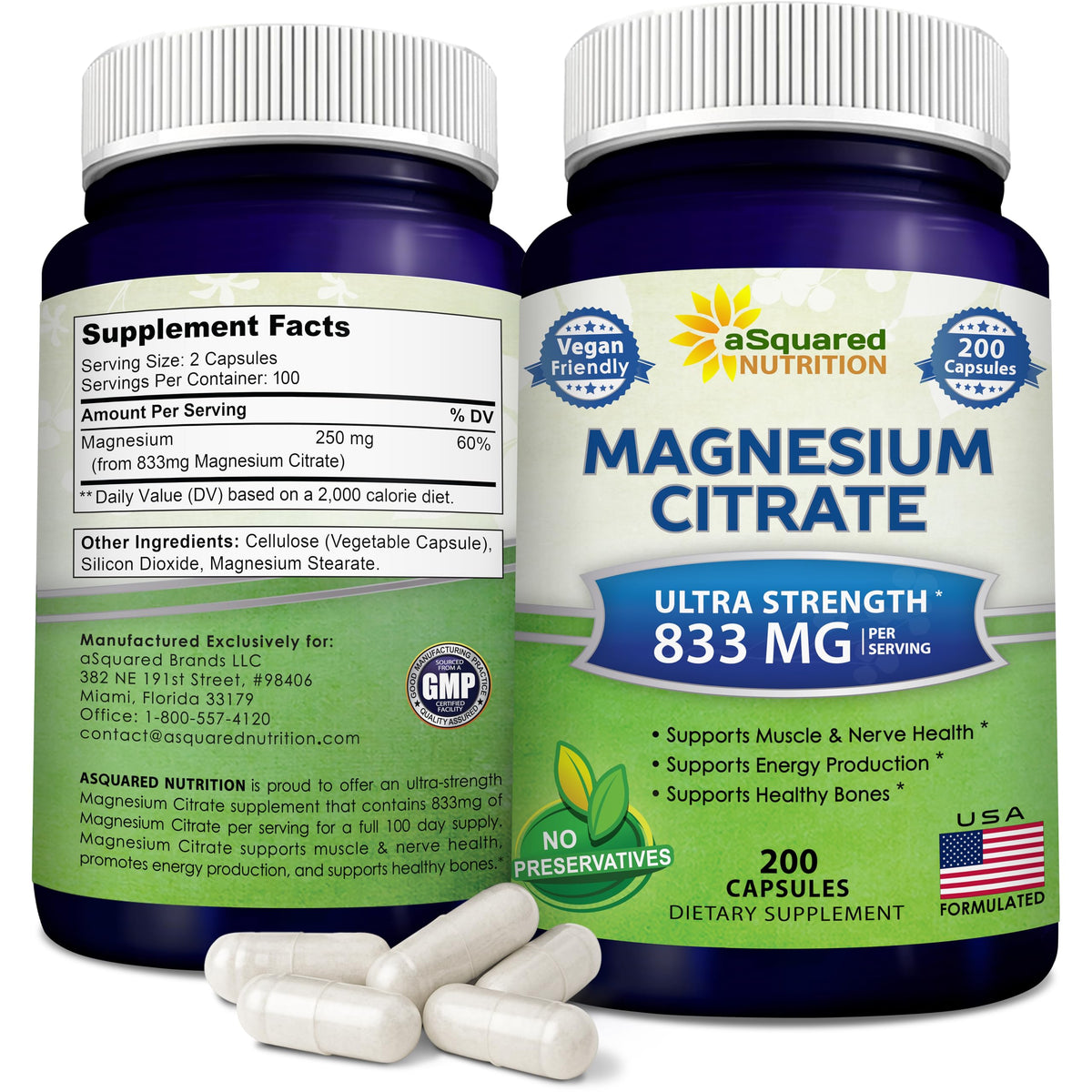 Flacon aSquared Nutrition avec 200 capsules de citrate de magnésium 833 mg