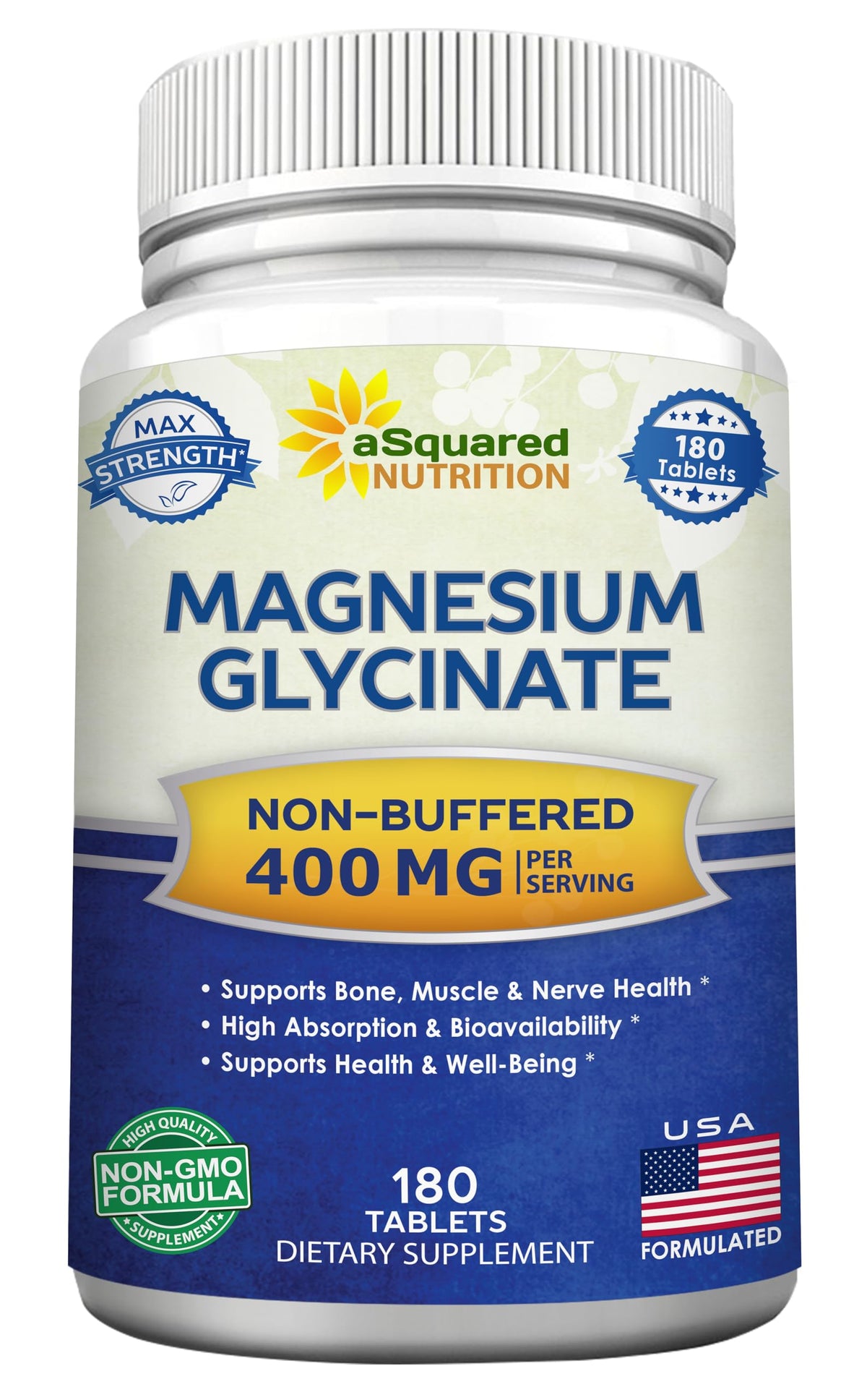 Flacon aSquared Nutrition Magnésium Glycinate 400mg 180 comprimés