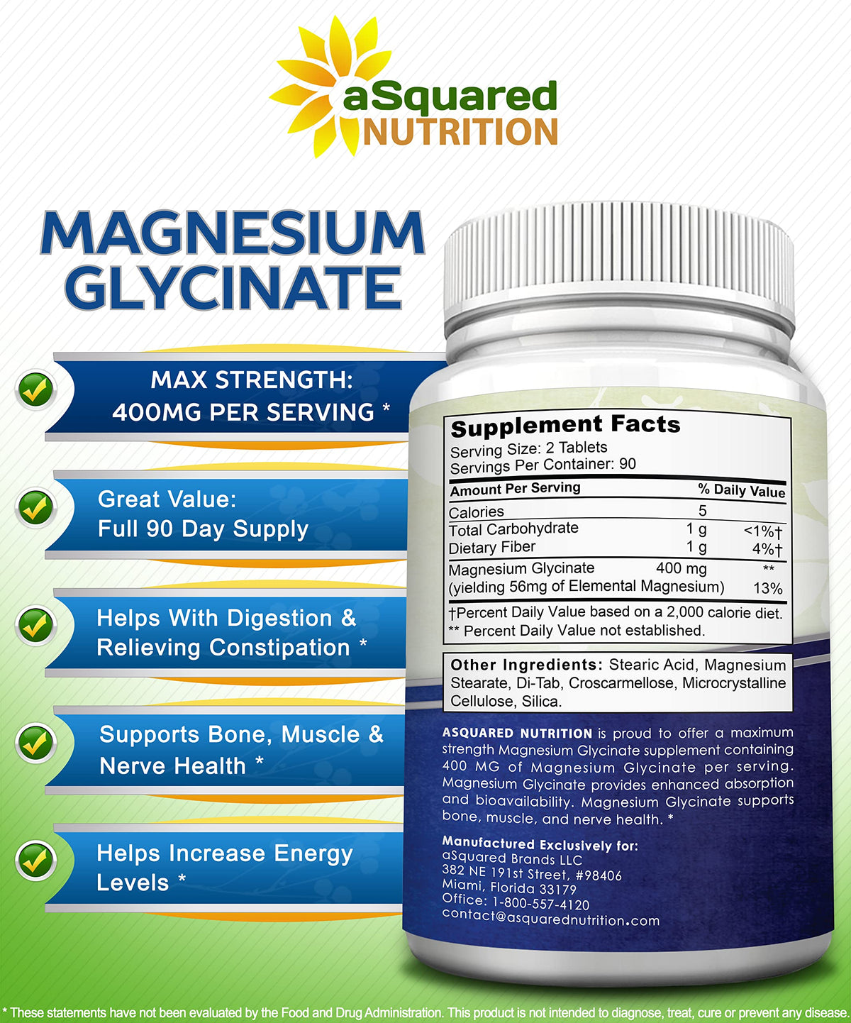 Flacon aSquared Nutrition Magnésium Glycinate ouvert avec comprimés visibles