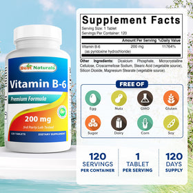 Flacon Best Naturals B6 200mg avec étiquettes claires