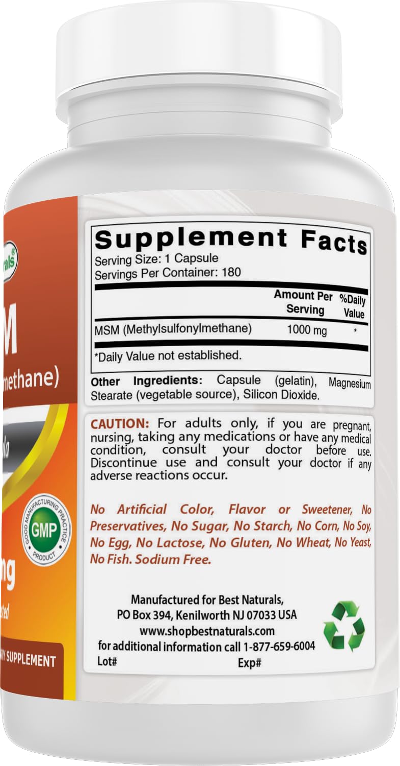 Flacon Best Naturals MSM ouvert avec capsules visibles