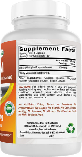 Flacon Best Naturals MSM ouvert avec capsules visibles