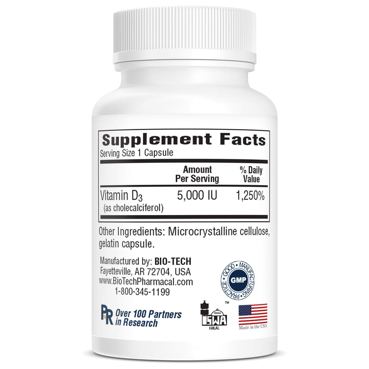 Flacon Bio-Tech Pharmacal Vitamine D 5000 IU ouvert, capsules visibles