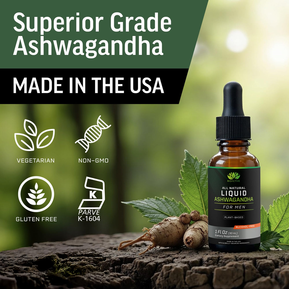 Flacon BIOACTIVE Ashwagandha sur une table avec un verre d'eau