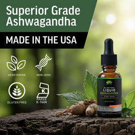 Flacon BIOACTIVE Ashwagandha sur une table avec un verre d'eau