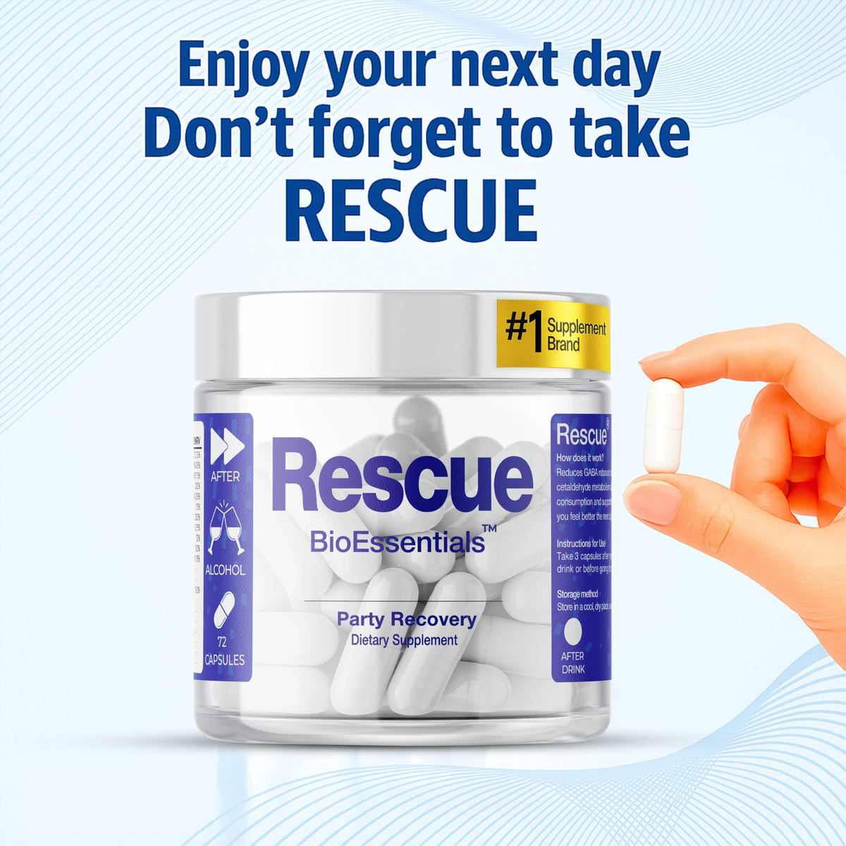 Flacon BioEssentials Restore ouvert montrant les capsules