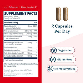 Flacon Blood Nourish-R LifeSeasons ouvert avec capsules visibles