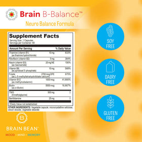 Flacon Brain Bean Brain B Balance ouvert avec capsules visibles