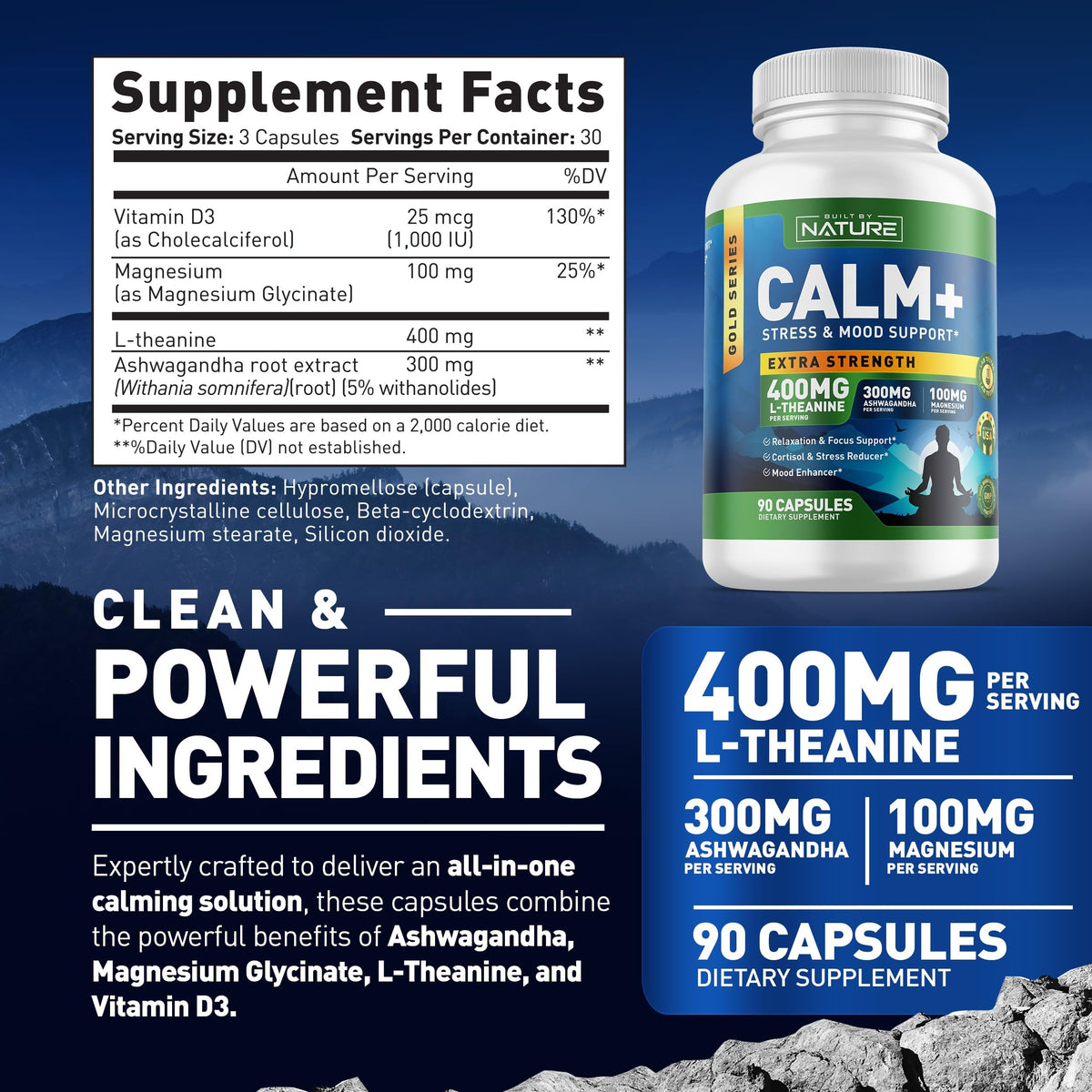 Flacon Calm+ de Built by Nature sur une table