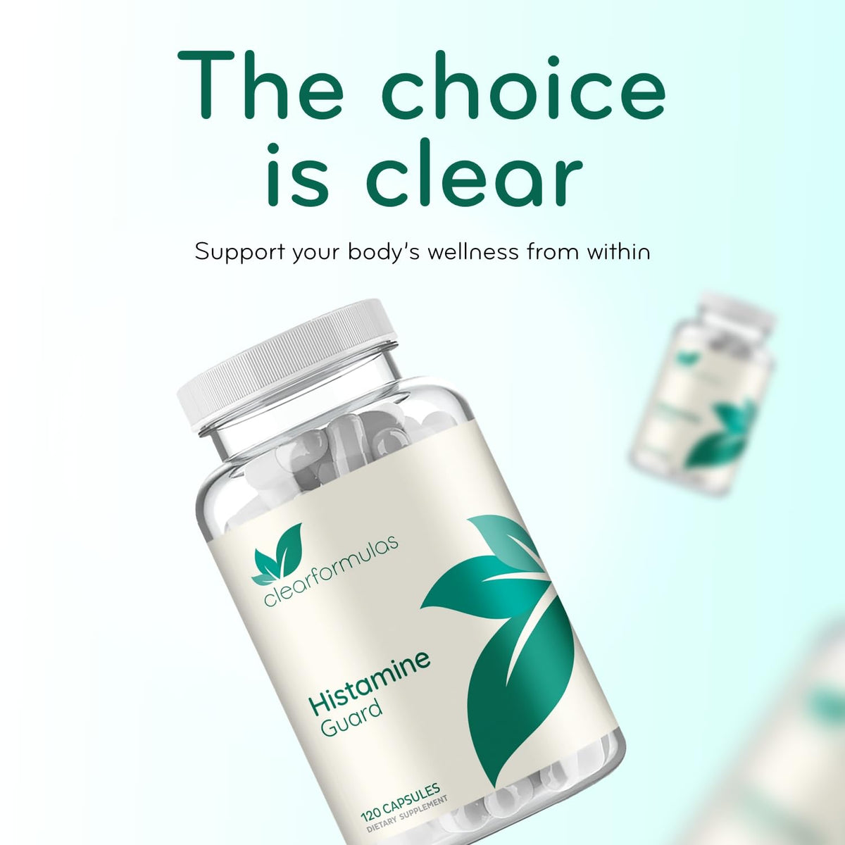 Flacon Clear Formulas Histamine Guard sur une table en bois