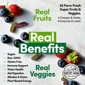 Flacon Country Farms Super Fruits et Légumes avec des fruits et légumes en arrière-plan