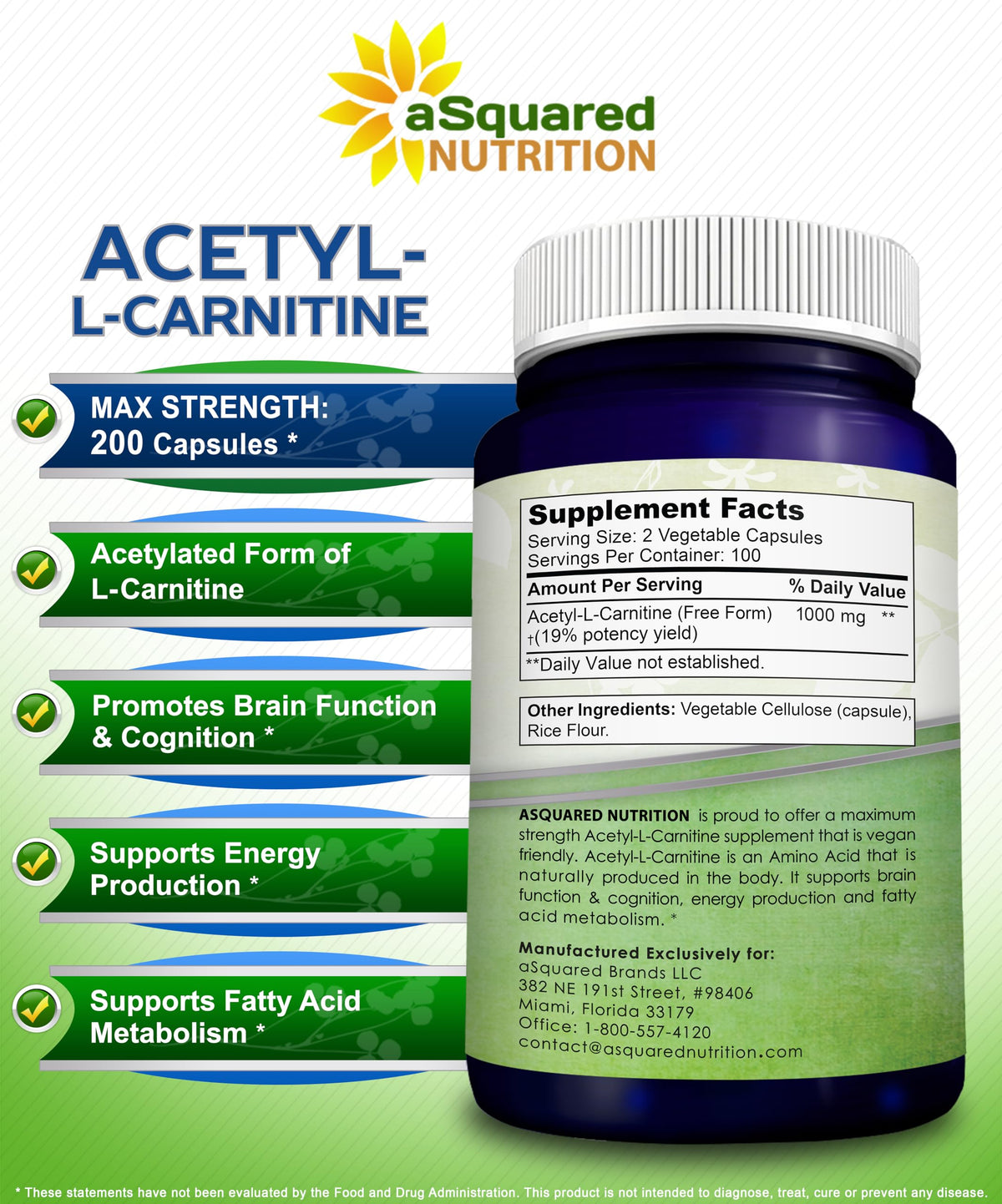 Flacon d'Acétyl L-Carnitine aSquared Nutrition sur un fond neutre