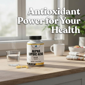 Flacon d'acide alpha-lipoïque avec capsules sur une table en bois