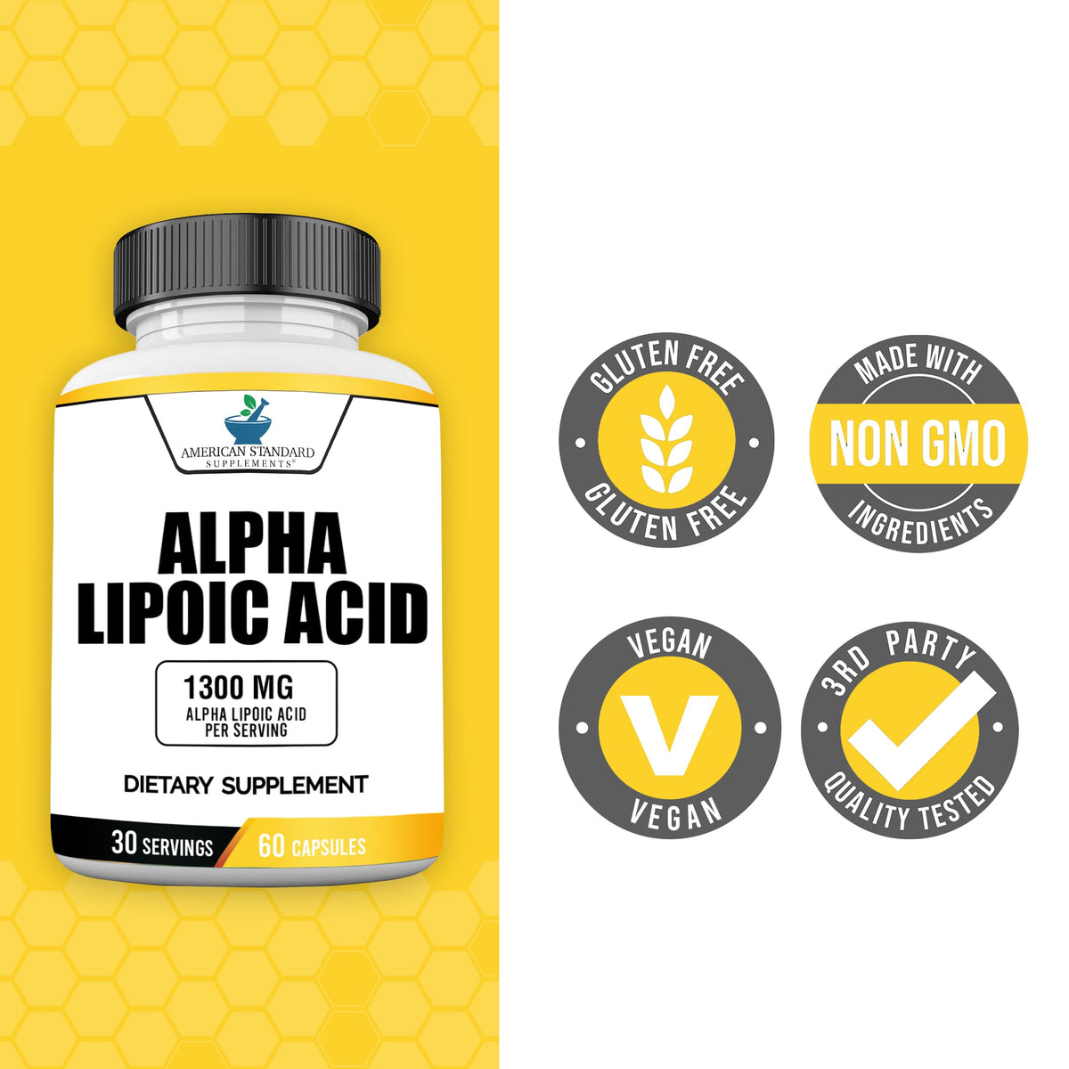 Flacon d'acide alpha-lipoïque présentant les caractéristiques vegan et non-OGM