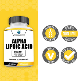 Flacon d'acide alpha-lipoïque présentant les caractéristiques vegan et non-OGM