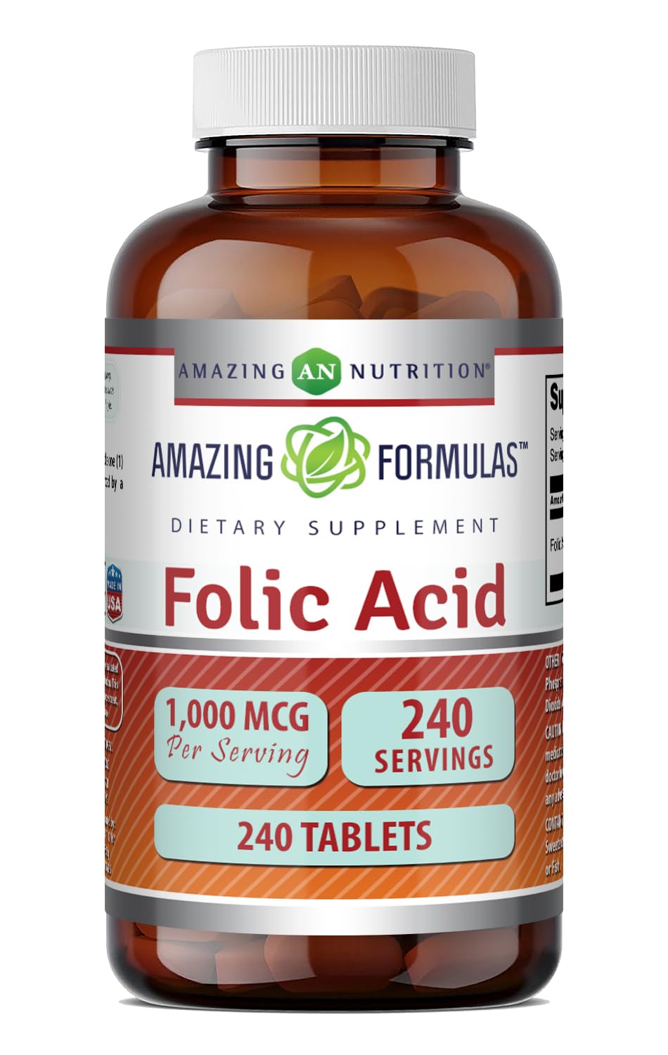 Flacon d'Acide Folique 1000 Mcg Amazing Nutrition, 240 comprimés