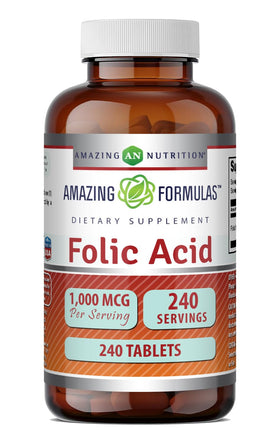 Flacon d'Acide Folique 1000 Mcg Amazing Nutrition, 240 comprimés