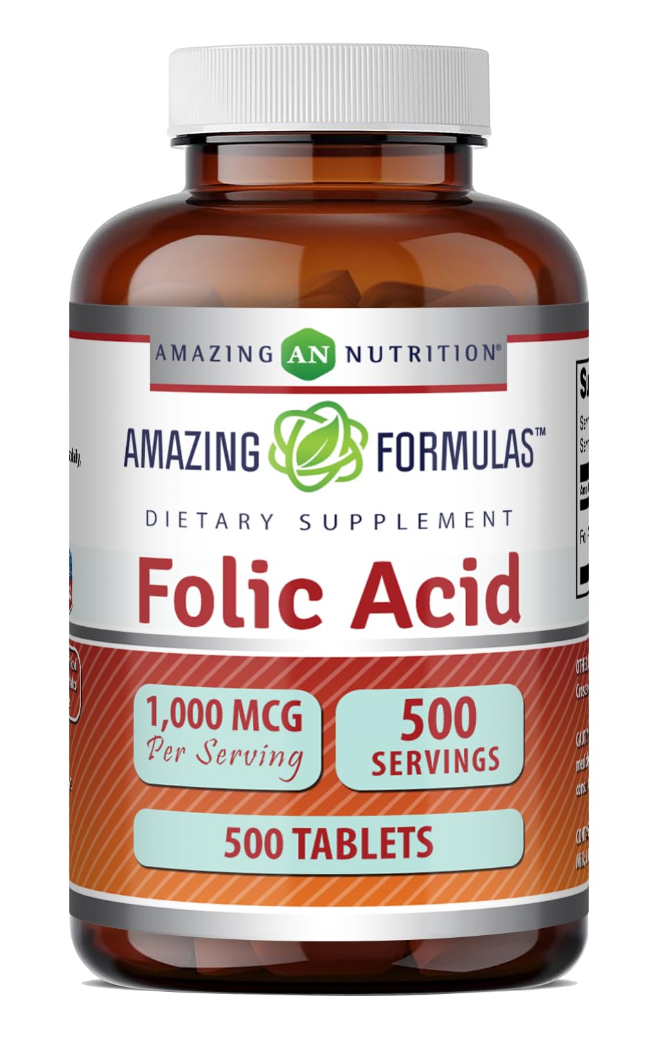 Flacon d'Acide Folique 1000 mcg Amazing Nutrition 500 Tablettes