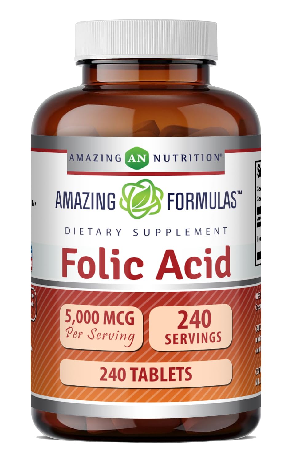 Flacon d'Acide Folique Amazing Nutrition 5000 Mcg 240 comprimés vue de face