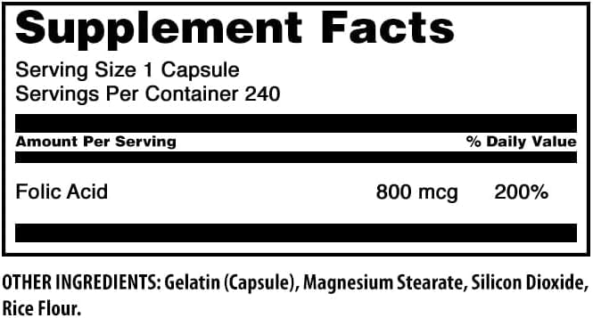 Flacon d'Acide Folique Amazing Nutrition 800 Mcg avec étiquette