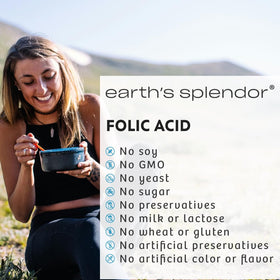 Flacon d'acide folique Earth's Splendor 800 mcg avec arrière-plan naturel
