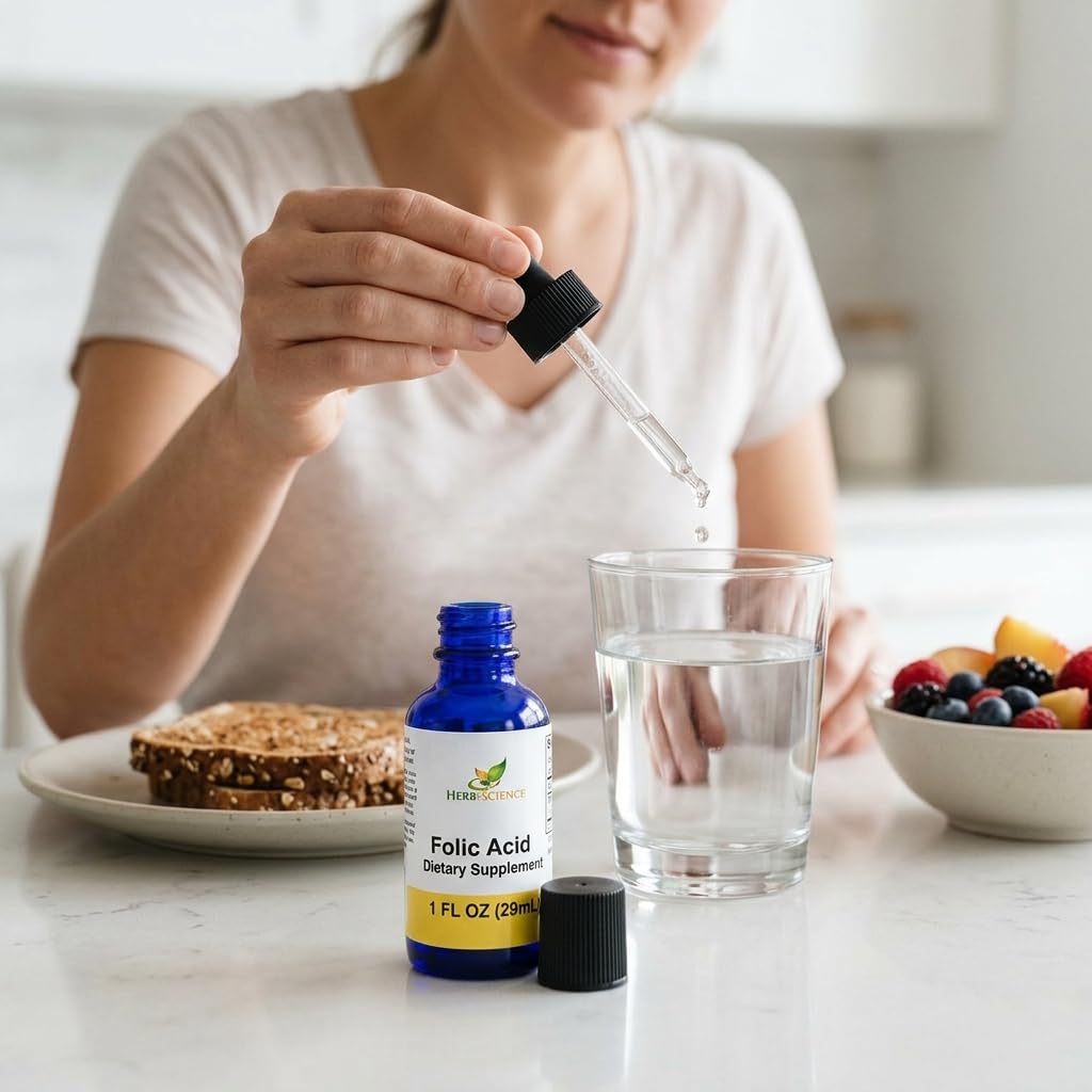 Flacon d'acide folique Herb-Science avec des fruits frais
